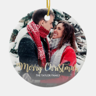 Elegant faux gold Merry Christmas text photo Ceramic Tree Decoration