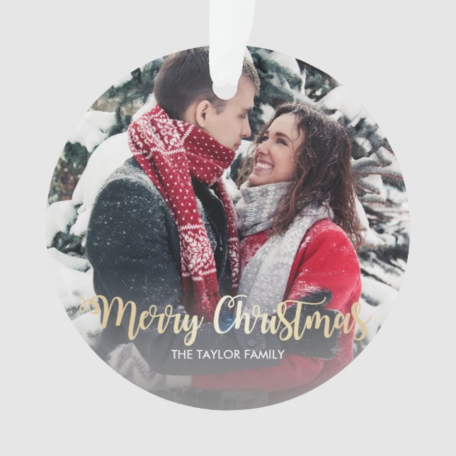 Elegant faux gold Merry Christmas text photo Ornament (Front)
