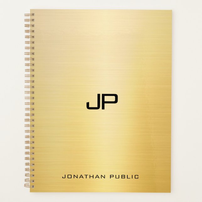 Elegant Faux Gold Modern Monogram Name Template Planner (Front)