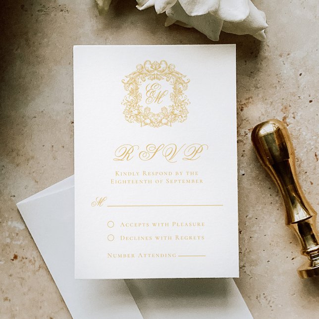 Elegant Faux Gold Monogram Crest Script Wedding RSVP Card (Creator Uploaded)