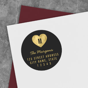 Elegant Faux Gold Monogram Heart Family Address Classic Round Sticker