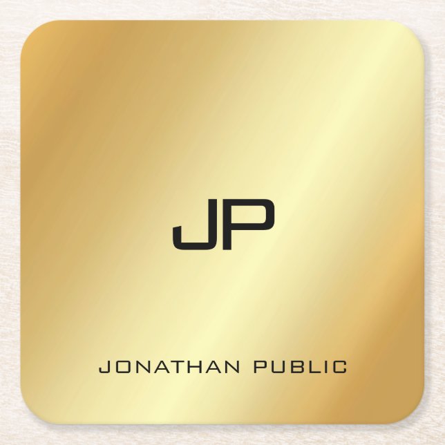 Elegant Faux Gold Monogrammed Modern Template Square Paper Coaster (Front)