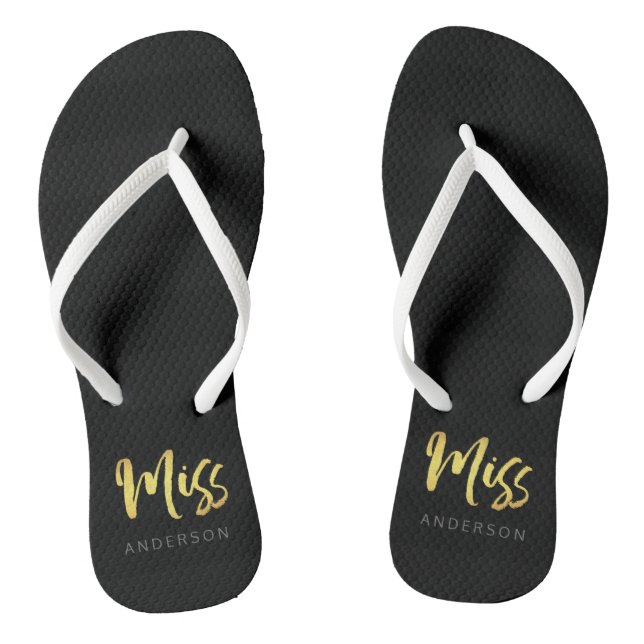 Elegant Faux Gold Name Miss Black Stripes Flip Flops (Footbed)