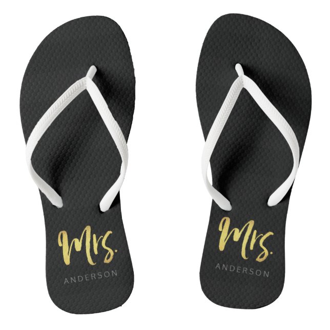 Elegant Faux Gold Name Mrs Black Stripes Flip Flops (Footbed)