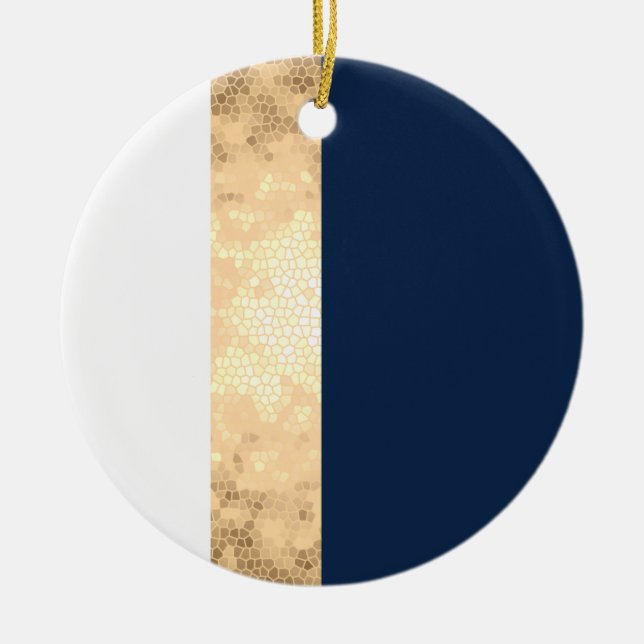 elegant faux gold, navy blue, white stripes ceramic tree decoration (Front)