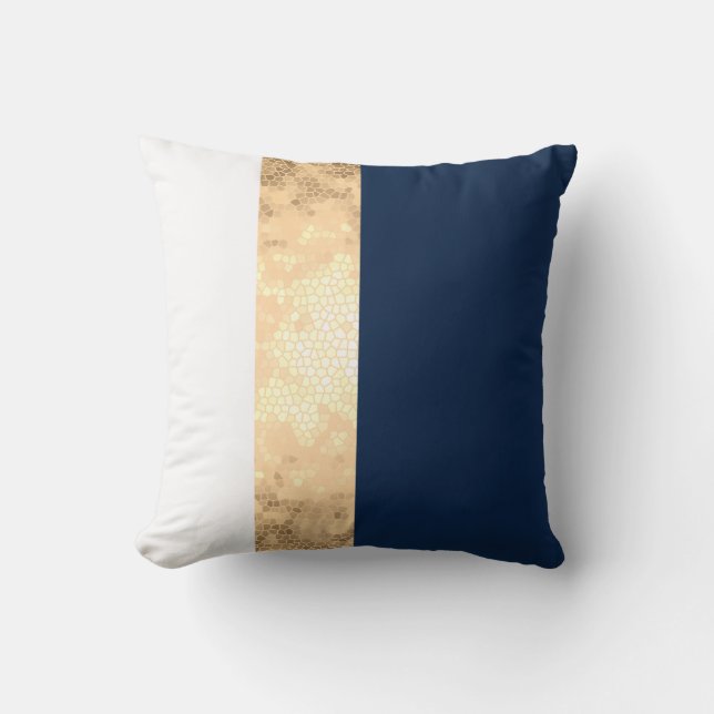 elegant faux gold, navy blue, white stripes cushion (Front)