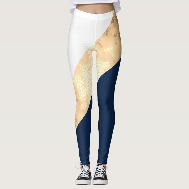 elegant faux gold, navy blue, white stripes leggings (Front)