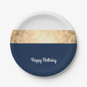elegant faux gold, navy blue, white stripes paper plate