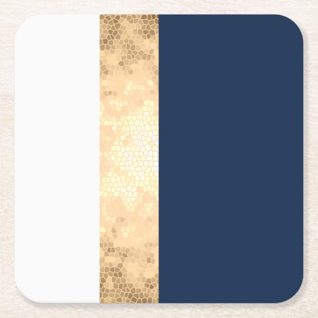 elegant faux gold, navy blue, white stripes square paper coaster (Front)
