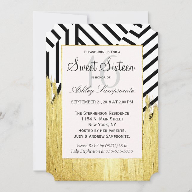 Elegant Faux Gold Paint Strokes & Stripes Pattern Invitation (Front)