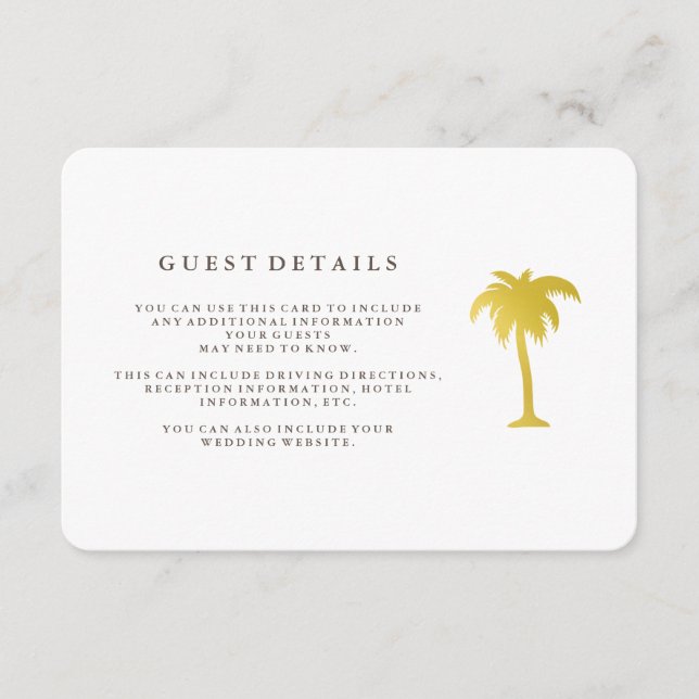 Elegant Faux Gold Palm Tree Guest Details | Green Enclosure Card (Front)
