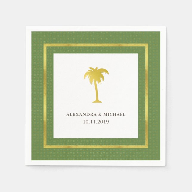 Elegant Faux Gold Palm Tree Wedding | Green Napkin (Front)