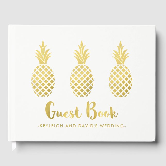 Elegant Faux Gold Pineapples on White Guest Book (Front)
