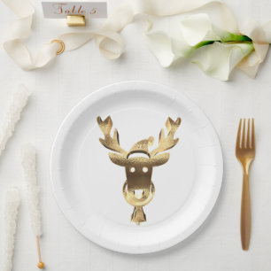 Elegant Faux Gold Reindeer Santa Hat Christmas Paper Plate