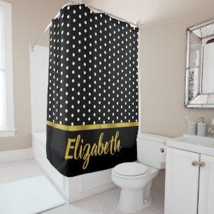 Elegant Faux Gold Script Black and White Dots Shower Curtain