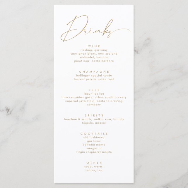 Elegant Faux Gold Script Calligraphy Drinks Menu (Front)