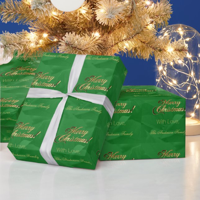 Elegant Faux Gold Script Merry Christmas Green Wrapping Paper (Holidays)