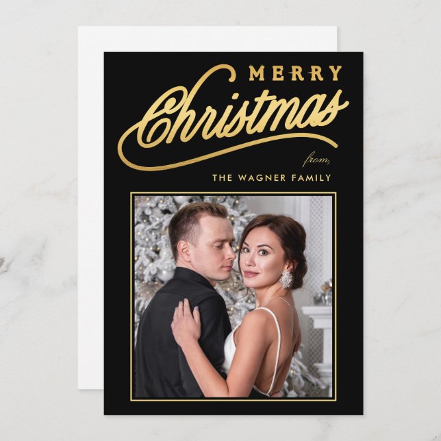 Elegant Faux Gold Script Merry Christmas Photo Holiday Card (Front/Back)