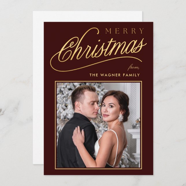 Elegant Faux Gold Script Merry Christmas Photo Holiday Card (Front/Back)