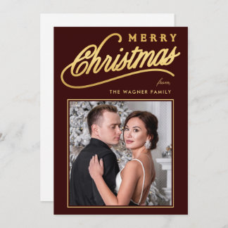Elegant Faux Gold Script Merry Christmas Photo Holiday Card