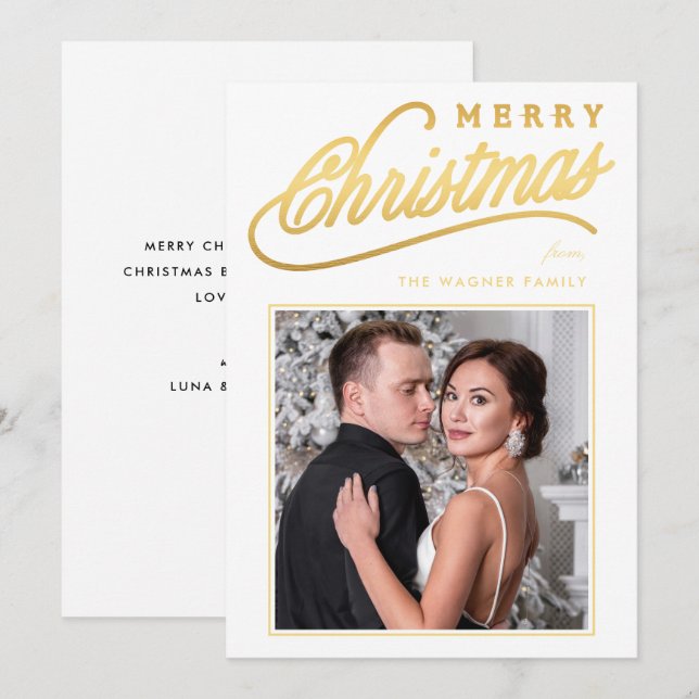 Elegant Faux Gold Script Merry Christmas Photo Holiday Card (Front/Back)