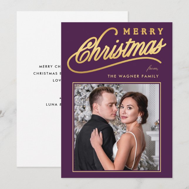 Elegant Faux Gold Script Merry Christmas Photo Holiday Card (Front/Back)