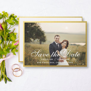 Elegant Faux Gold Script Save The Date with Photo