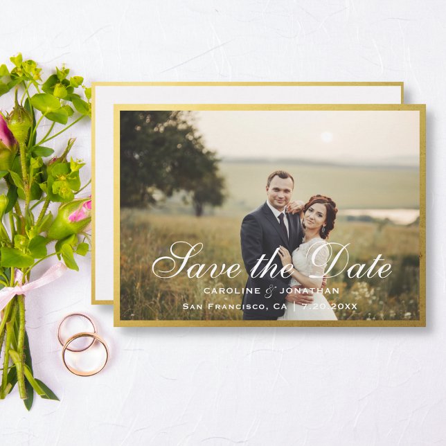 Elegant Faux Gold Script Save The Date with Photo (Creator Uploaded)