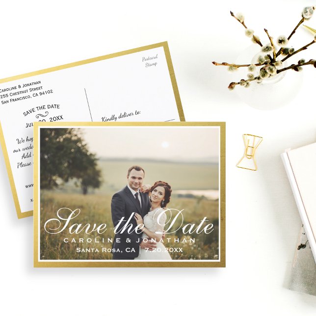 Elegant Faux Gold Script Save The Date with Photo Announcement Postcard (Creator Uploaded)