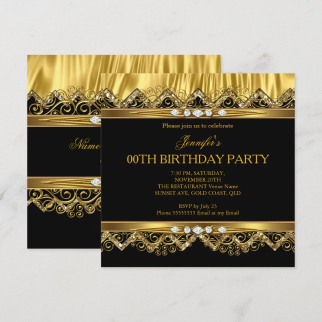 Elegant Faux Gold Silk Black Diamond Invitation (Front/Back)