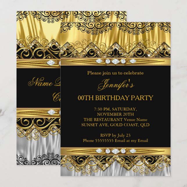 Elegant Faux Gold Silver Black Diamond Invitation (Front/Back)