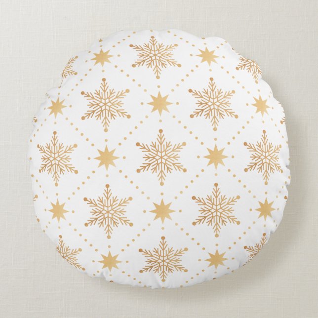 Elegant Faux Gold Snowflakes Christmas Patttern Round Cushion (Front)