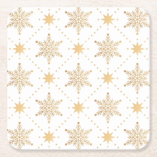 Elegant Faux Gold Snowflakes Christmas Patttern Square Paper Coaster (Front)