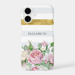 Elegant FAUX Gold Stripe With Pink Roses and Name