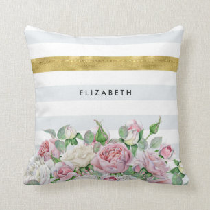 Elegant FAUX Gold Stripe With Pink Roses and Name Cushion