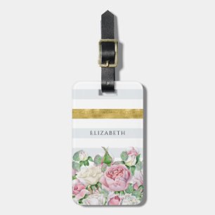 Elegant FAUX Gold Stripe With Pink Roses and Name Luggage Tag