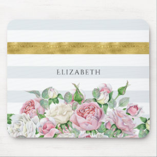 Elegant FAUX Gold Stripe With Pink Roses and Name Mouse Mat