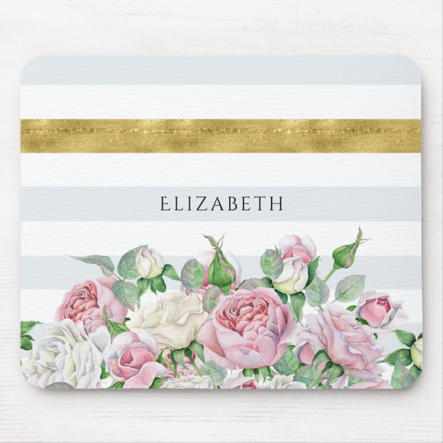 Elegant FAUX Gold Stripe With Pink Roses and Name Mouse Mat (Front)