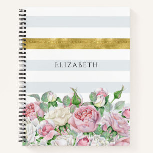 Elegant FAUX Gold Stripe With Pink Roses and Name Notebook