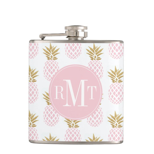 Elegant faux gold tropical pineapple pattern hip flask (Front)