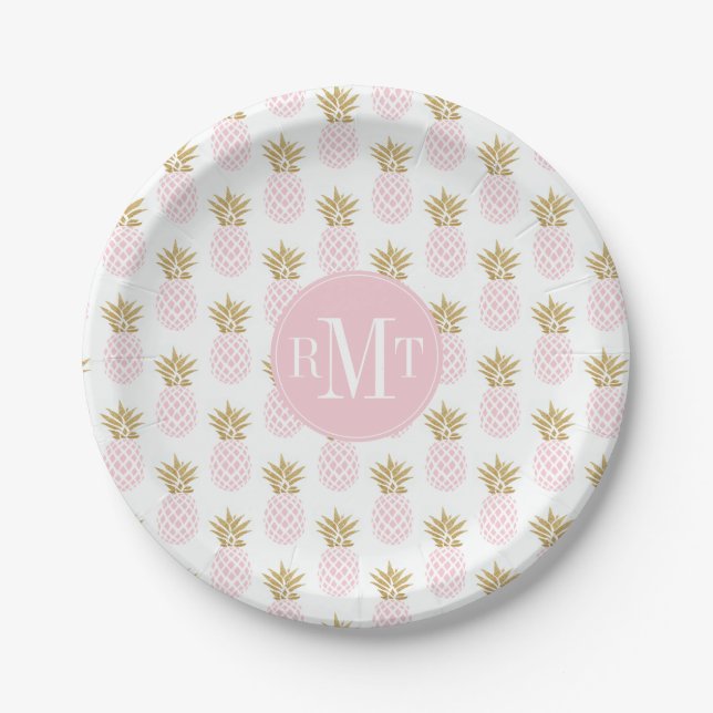 Elegant faux gold tropical pineapple pattern paper plate (Front)