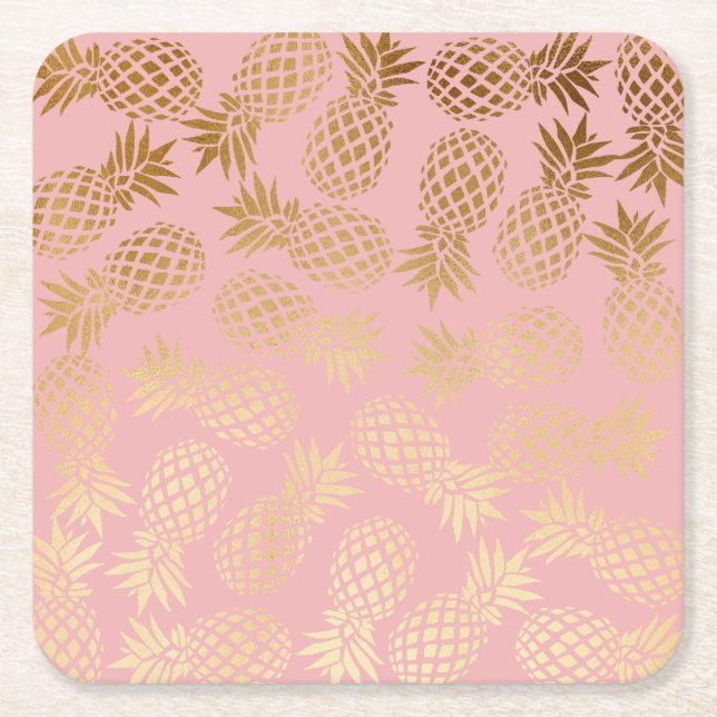 elegant faux gold tropical pineapple pattern square paper coaster (Front)