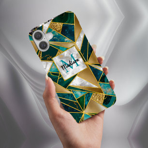 Elegant faux gold turquoise geometric iPhone 16 case