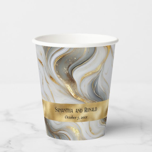 Elegant Faux Gold, White & Grey Marbled Wedding Paper Cups (Front)