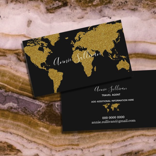 Elegant Faux Gold World Map Black Travel Agent Business Card (Creator Uploaded)