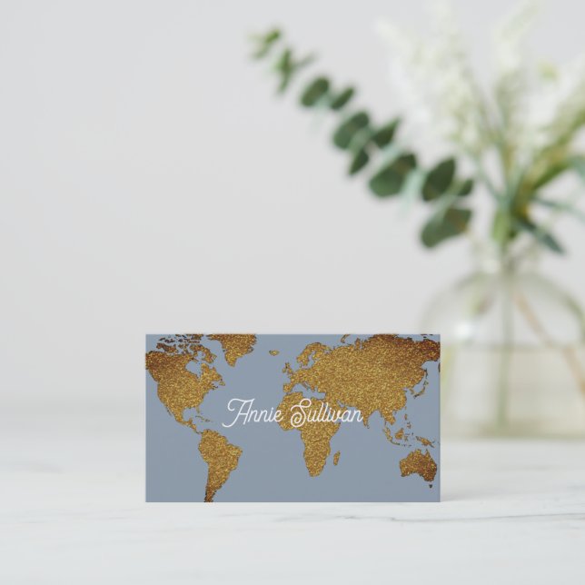 Elegant Faux Gold World Map Dusty Blue Business Card (Standing Front)
