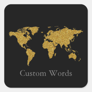 elegant faux gold world map on black  square stick sticker