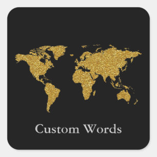 elegant faux gold world map on black square sticker