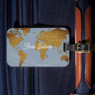 Elegant Faux Gold World Map on Dusty Blue Luggage Tag