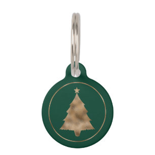 Elegant Faux Golden Foil Christmas Tree On Green  Pet Tag